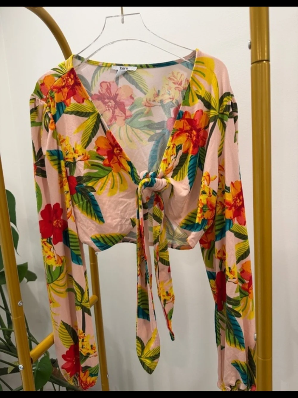 Bar III Pink Floral Tie-Front Swim Cover-Up Top